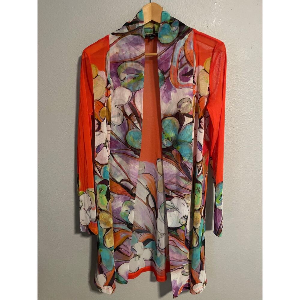 Robert Kitchen Kimono Womens Medium Sheer Floral Mesh Orange Watercolor Artsy